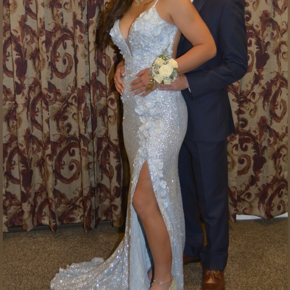Sherri Hill Blue Lace/Floral Prom Dress - Picture 5 of 5